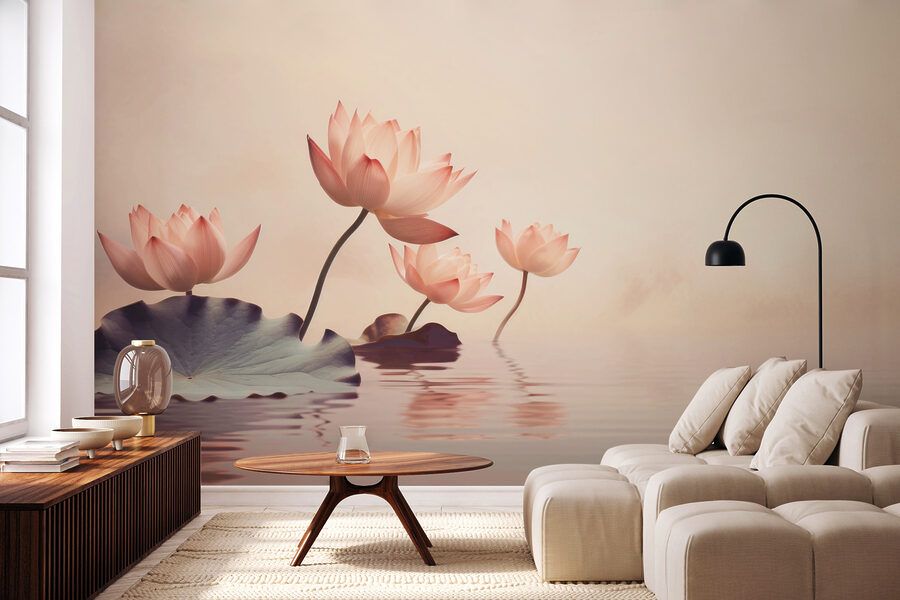Een groep roze bloemen in water