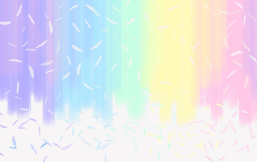 Fotobehang Een regenboogkleurige achtergrond met witte veren die vallen - Afbeelding 4