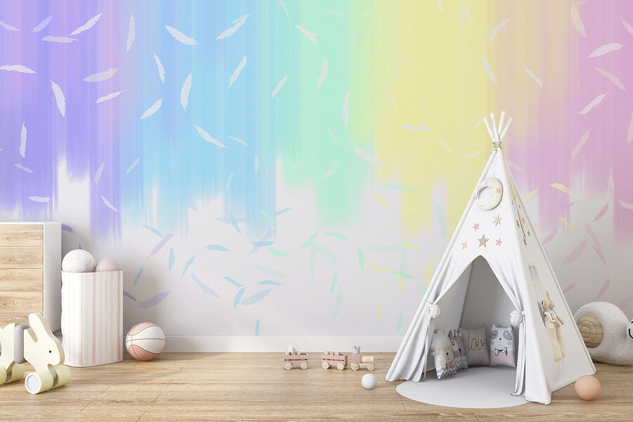 Fotobehang Een regenboogkleurige achtergrond met witte veren die vallen