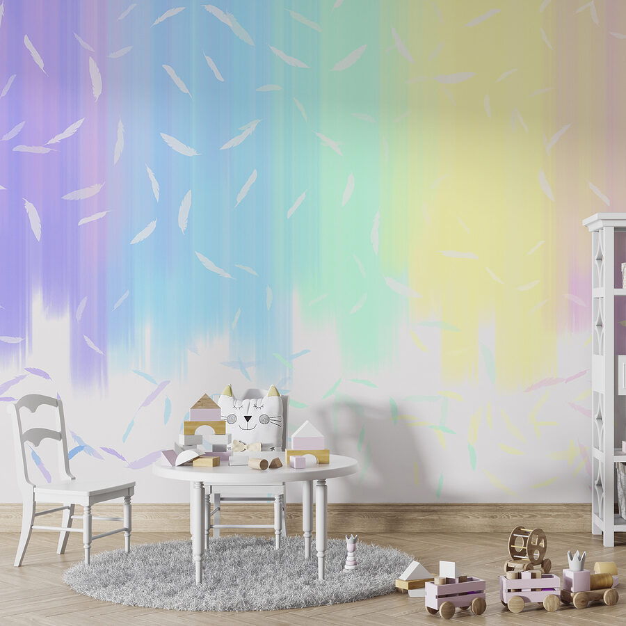 Fotobehang Een regenboogkleurige achtergrond met witte veren die vallen - Afbeelding 3