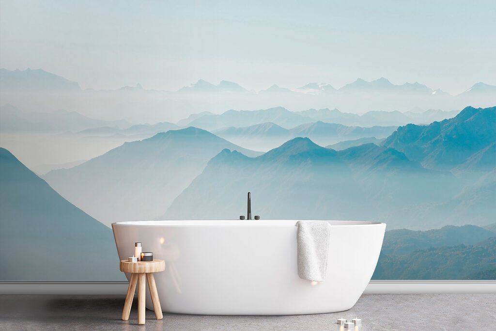 A mountain range with fog