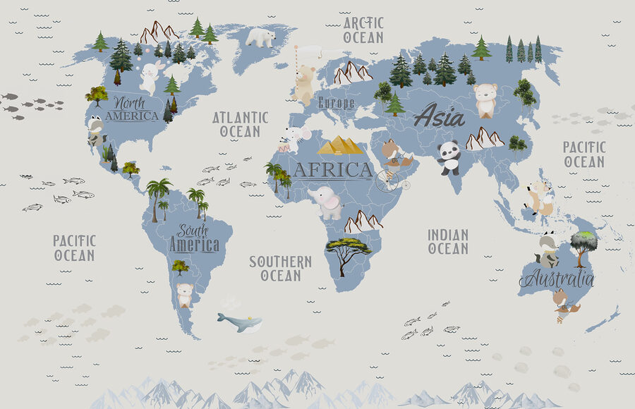 Een wereldkaart met dieren en vogels