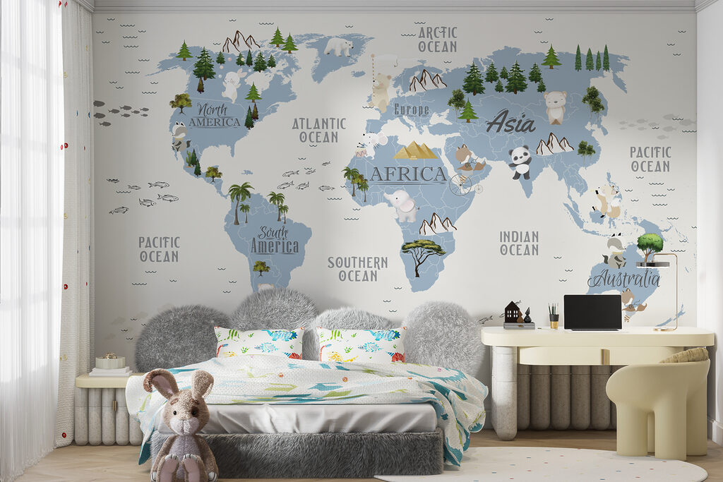 A map of the world with animals and birds