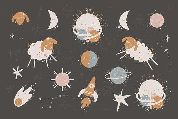 Een groep cartoonplaatjes van planeten en sterren Een groep cartoonplaatjes van planeten en sterren