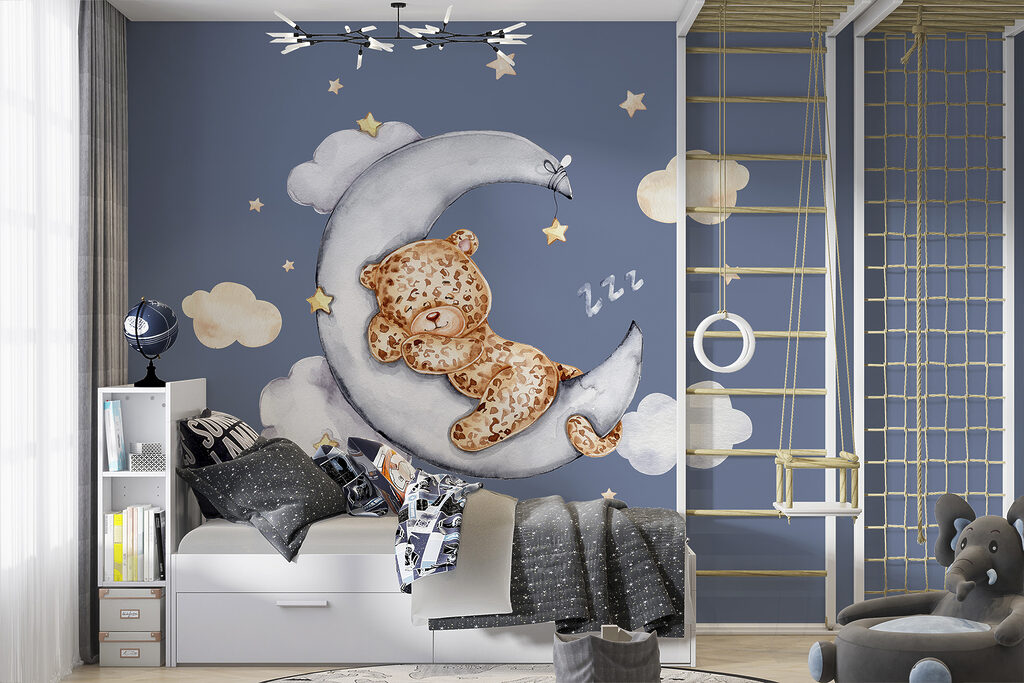 A teddy bear sleeping on the moon