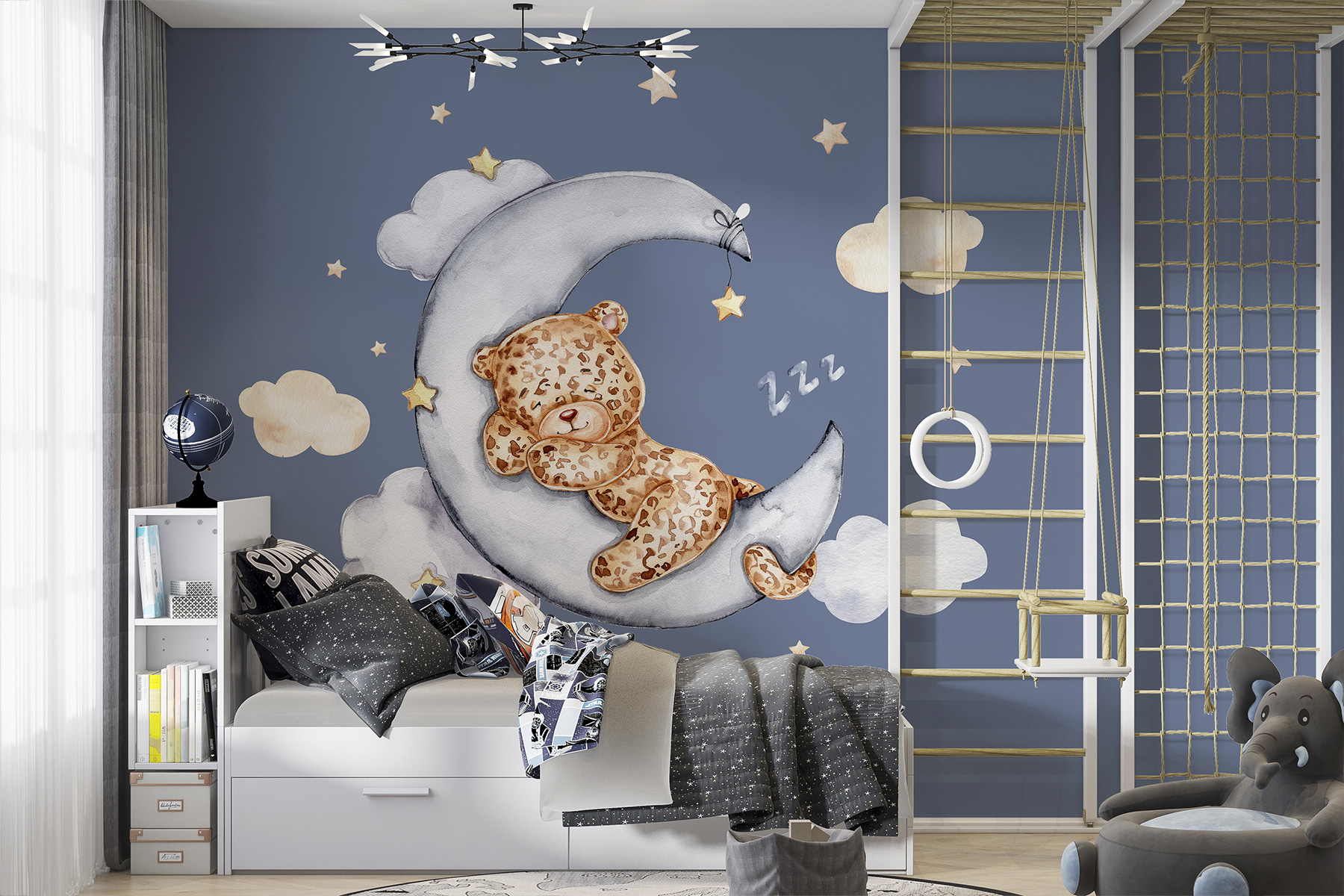A teddy bear sleeping on the moon