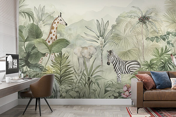 Een behang met dieren in de jungle Een behang met dieren in de jungle