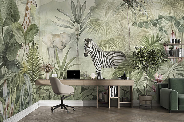 Een behang met dieren in de jungle Een behang met dieren in de jungle