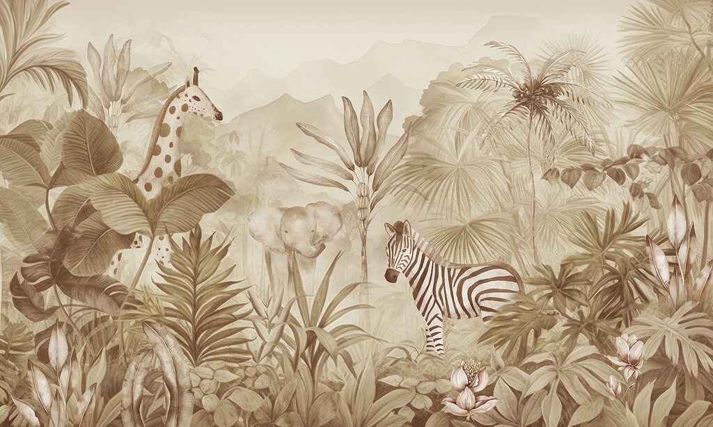 Een behang met zebra's en olifanten in een jungle Een behang met zebra's en olifanten in een jungle