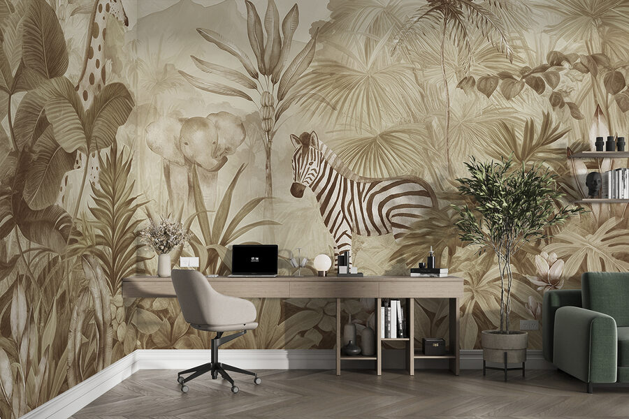 Een behang met zebra's en olifanten in een jungle