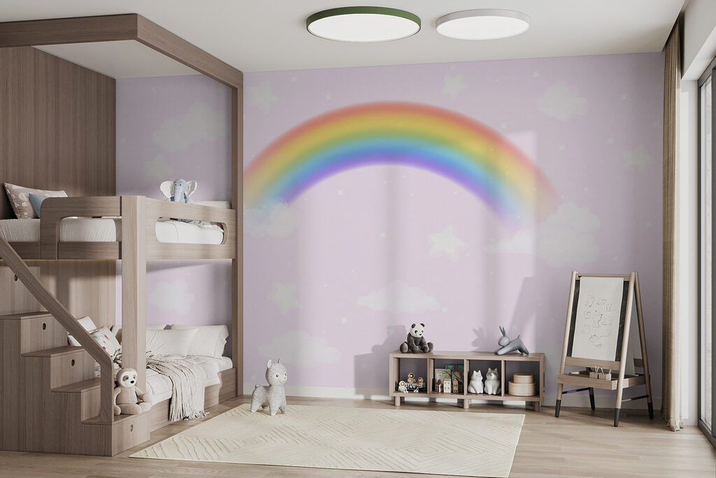 A rainbow and clouds in the sky