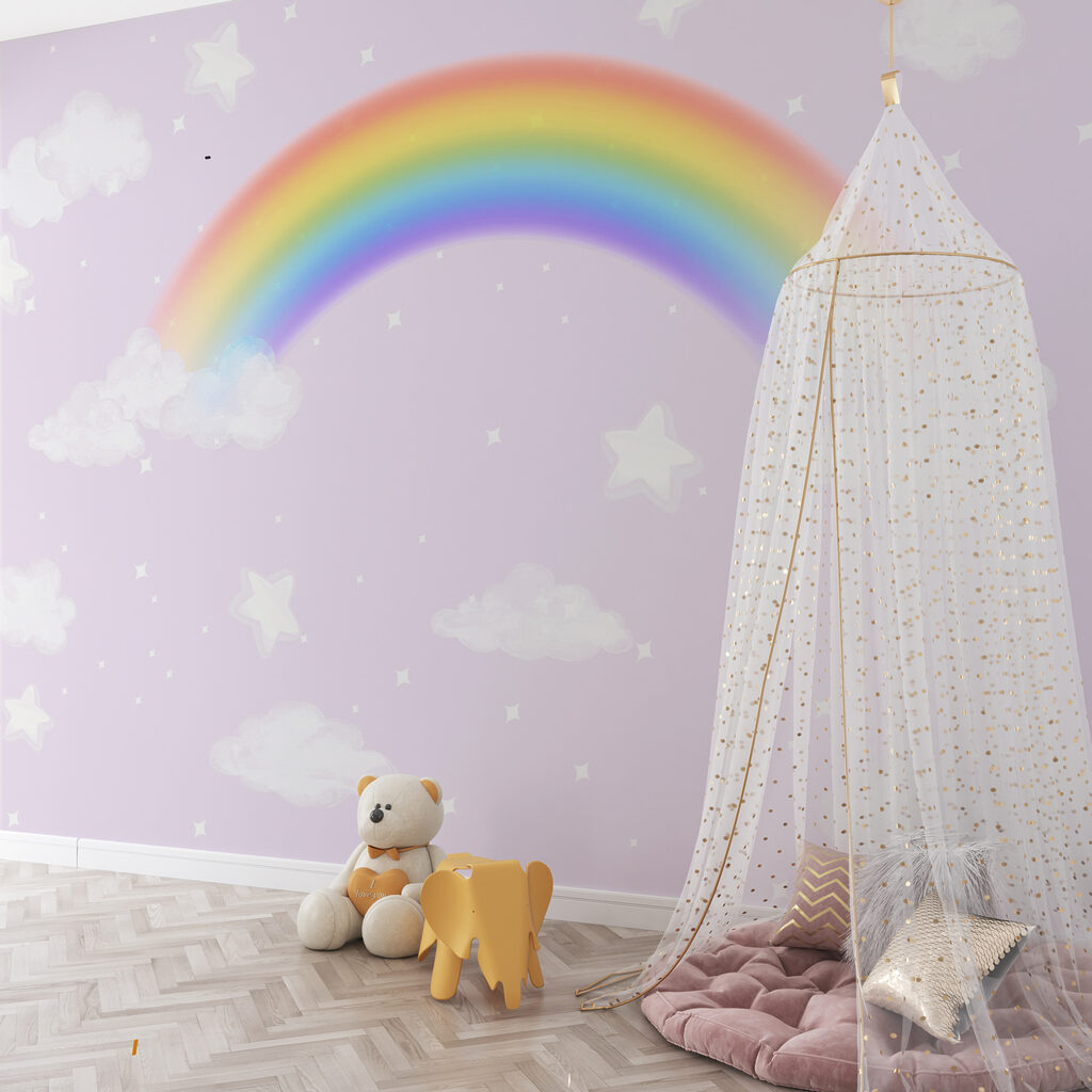 A rainbow and clouds in the sky