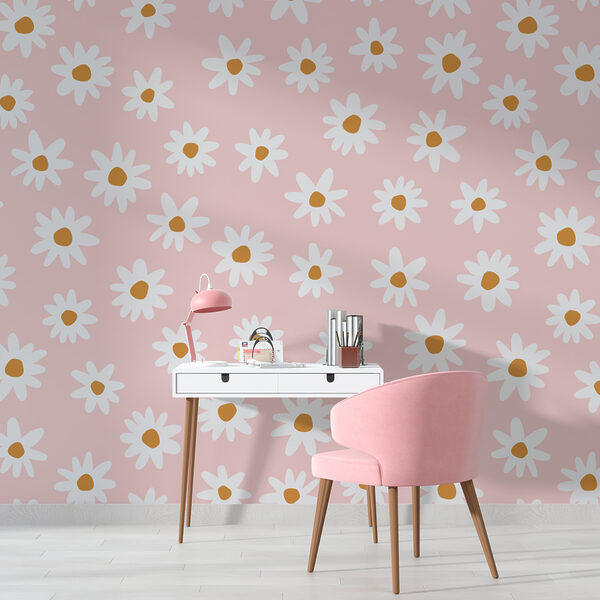 Een patroon van witte bloemen op een roze achtergrond Een patroon van witte bloemen op een roze achtergrond