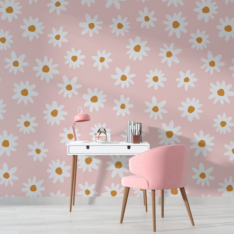 Een patroon van witte bloemen op een roze achtergrond