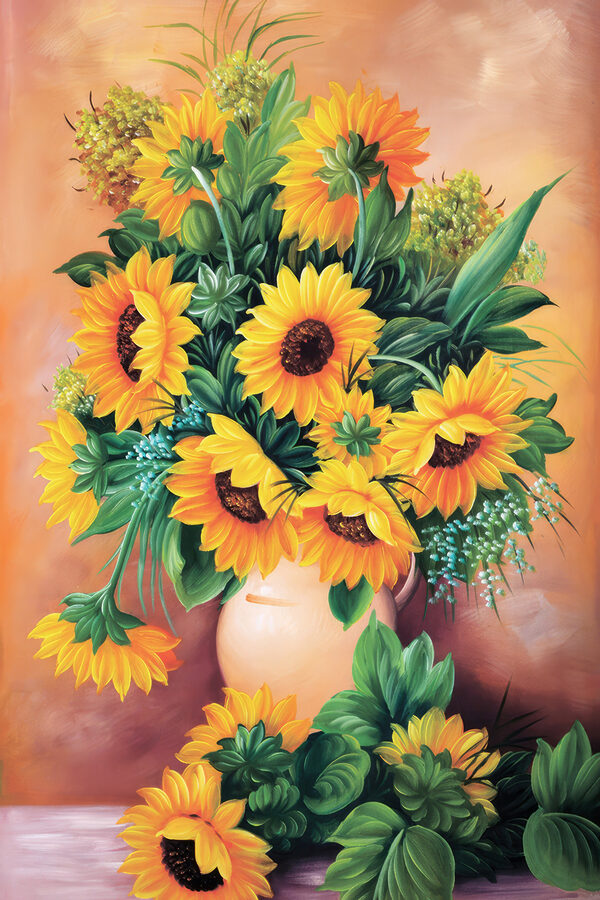 Een schilderij van zonnebloemen in een vaas Een schilderij van zonnebloemen in een vaas