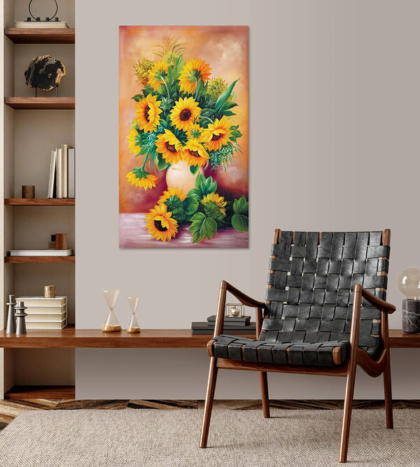 Een schilderij van zonnebloemen in een vaas Een schilderij van zonnebloemen in een vaas