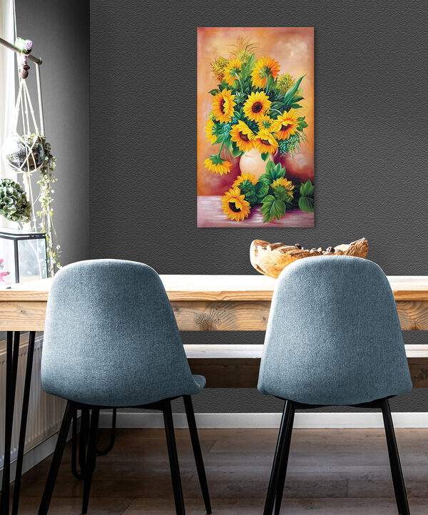 Een schilderij van zonnebloemen in een vaas Een schilderij van zonnebloemen in een vaas