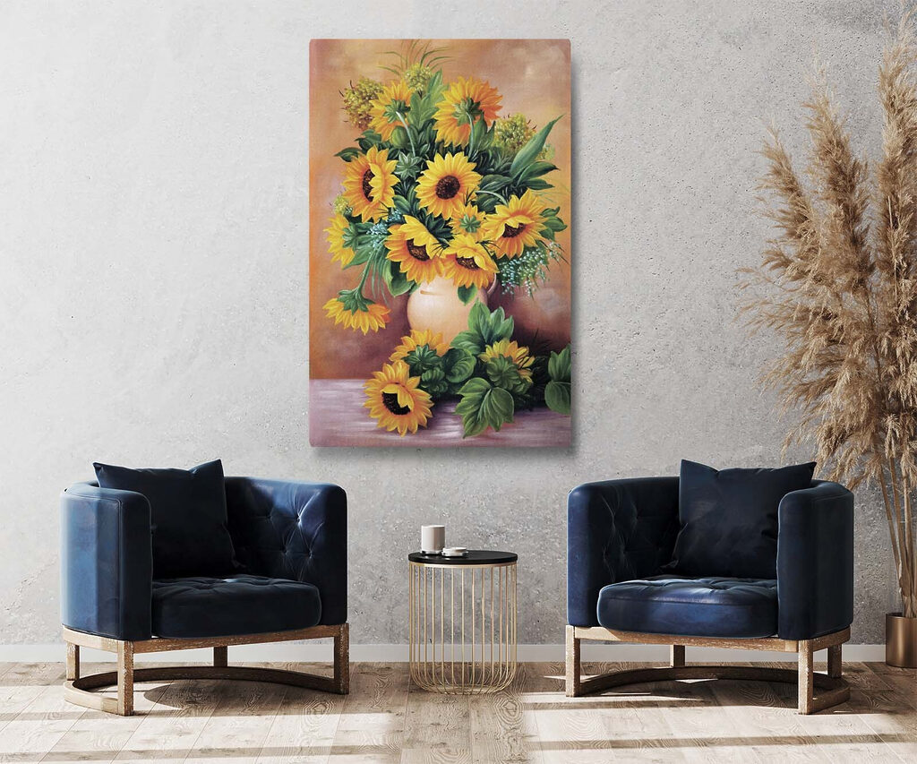 A painting of sunflowers in a vase