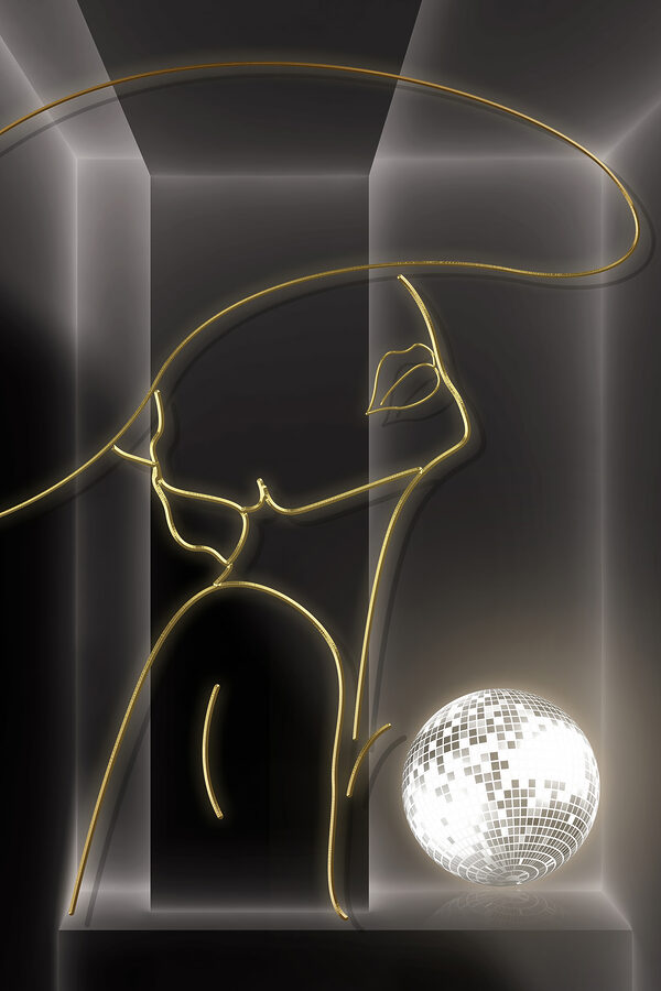 Een tekening van een vrouw met een discobal Een tekening van een vrouw met een discobal