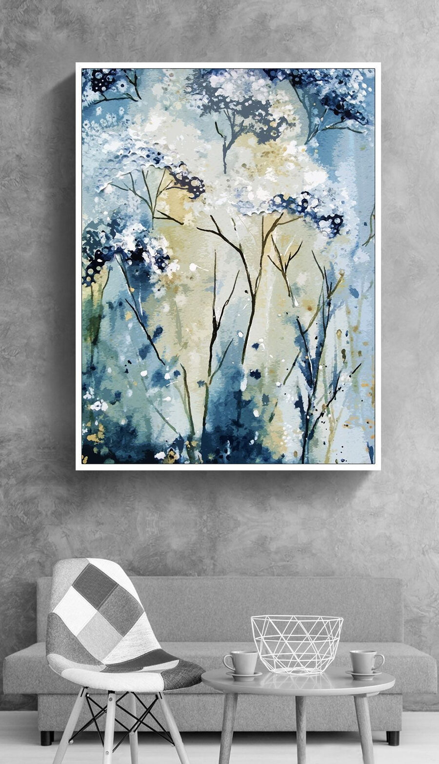 Een schilderij van een wit met blauwe plant