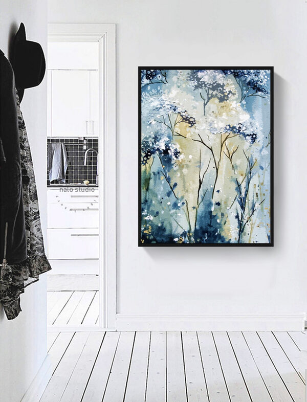 Een schilderij van een wit met blauwe plant Een schilderij van een wit met blauwe plant