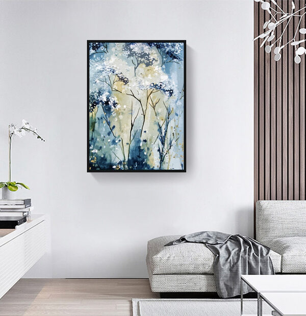 Een schilderij van een wit met blauwe plant Een schilderij van een wit met blauwe plant