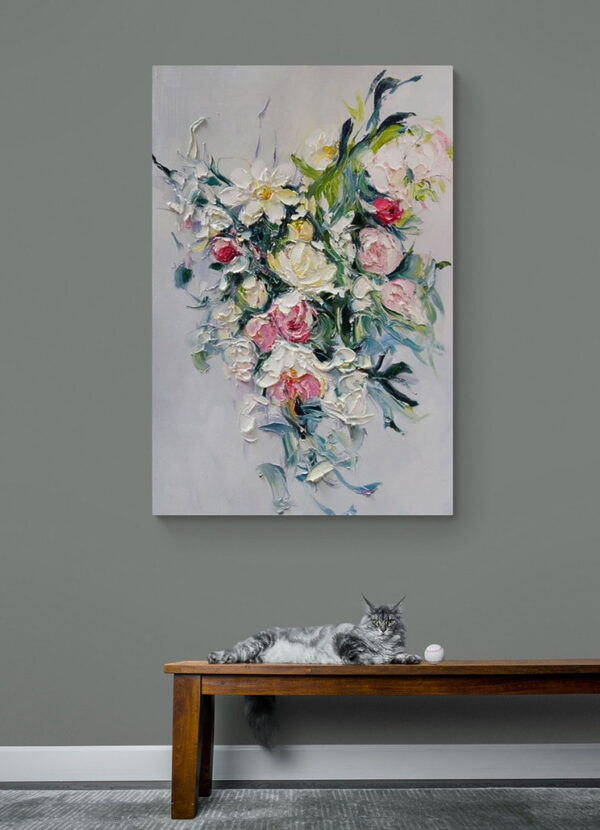 Een schilderij van bloemen op een wit oppervlak Een schilderij van bloemen op een wit oppervlak