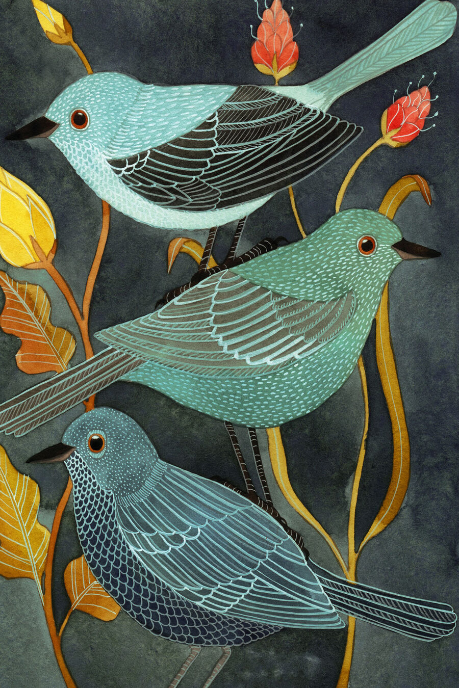 Een groep vogels op een plant
