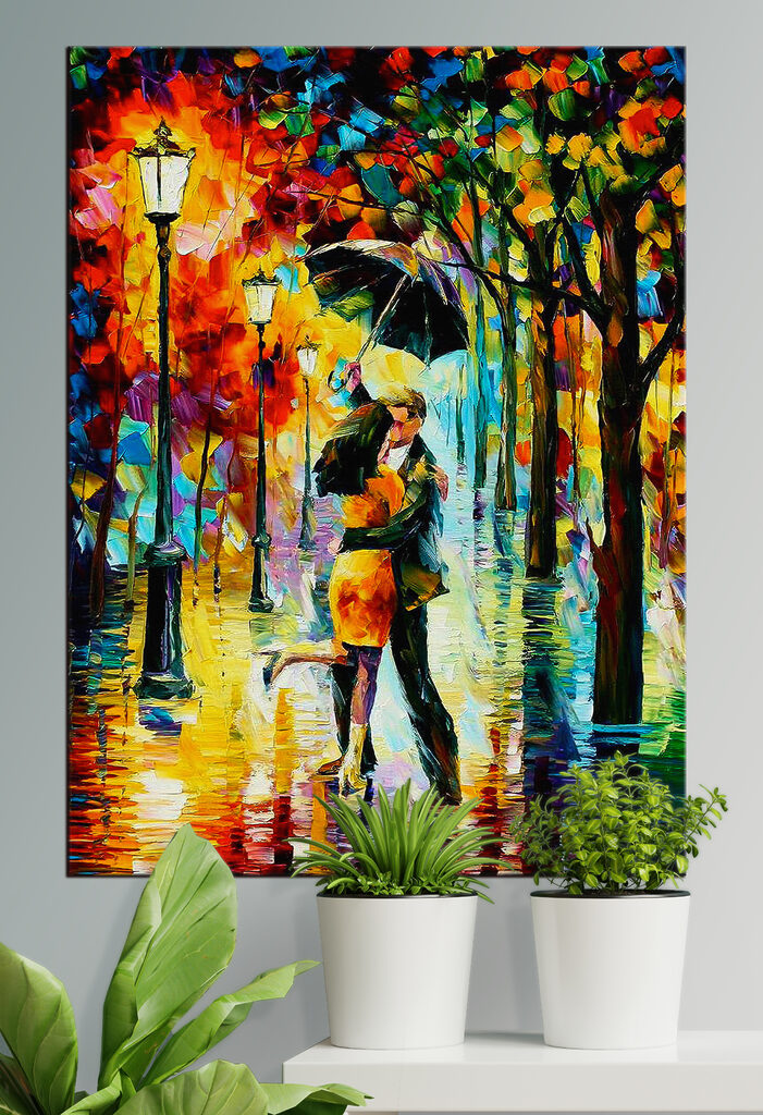 A painting of a couple kissing under an umbrella