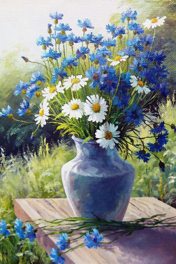 Een schilderij van een vaas met bloemen Een schilderij van een vaas met bloemen