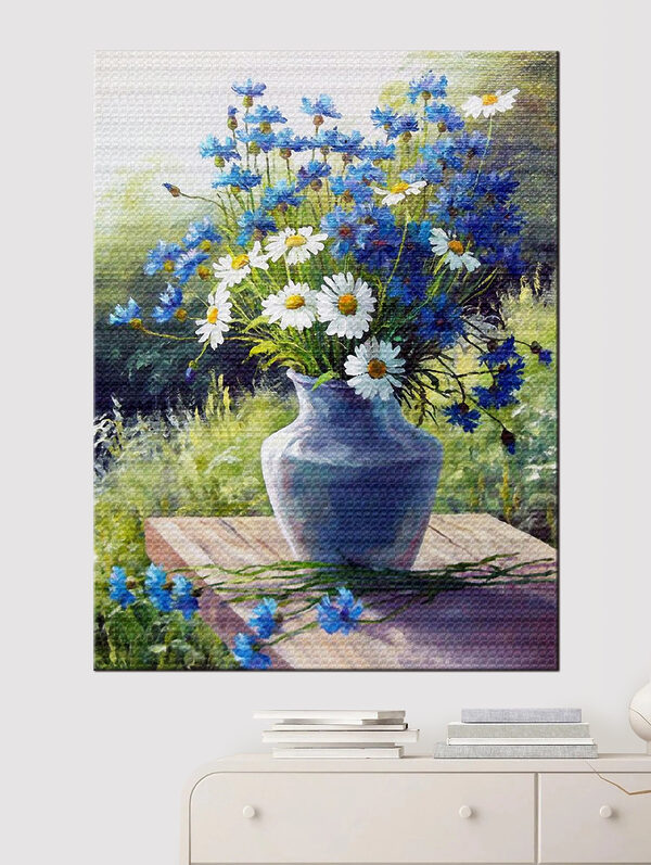 Een schilderij van een vaas met bloemen Een schilderij van een vaas met bloemen