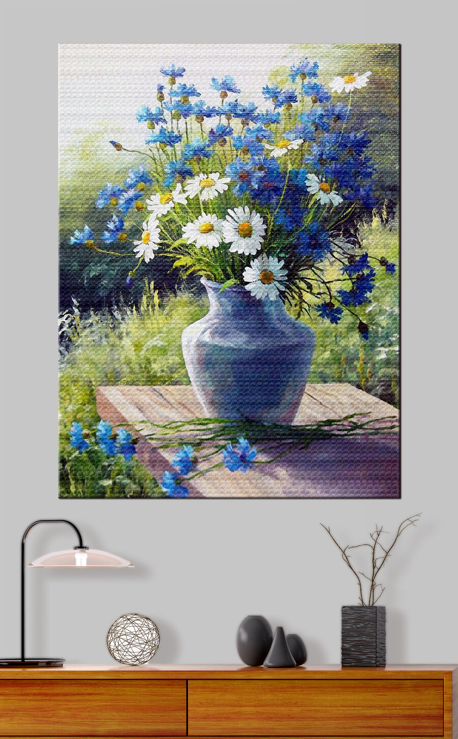 Een schilderij van een vaas met bloemen