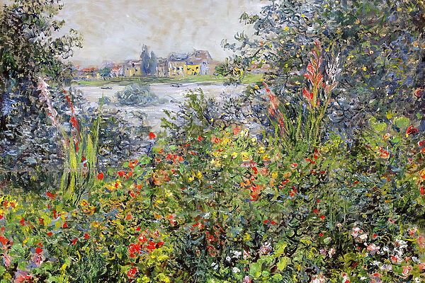 Een schilderij van een tuin met bloemen en bomen Een schilderij van een tuin met bloemen en bomen