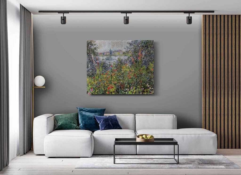 A painting of a garden with flowers and trees A painting of a garden with flowers and trees