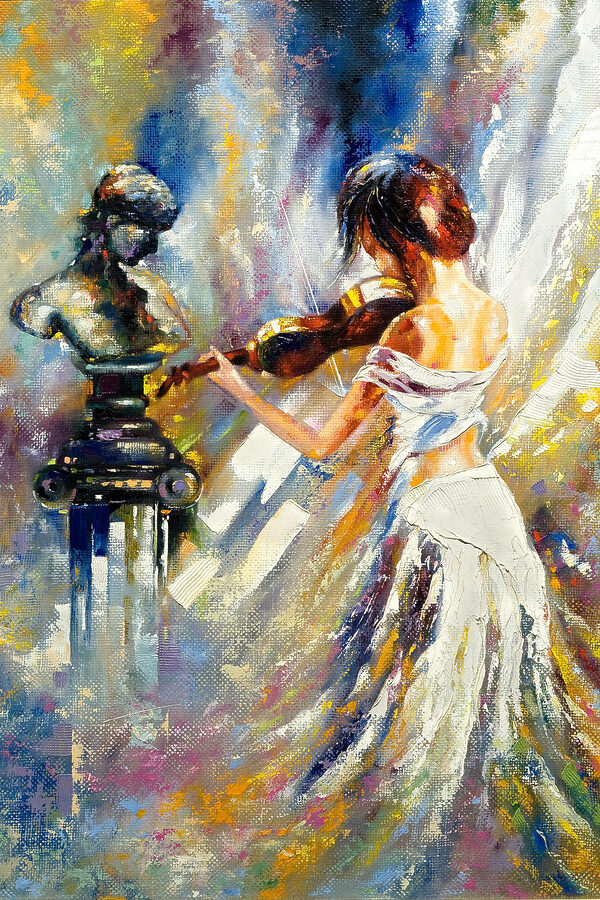 Een schilderij van een vrouw die viool speelt Een schilderij van een vrouw die viool speelt