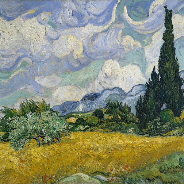 Een schilderij van een landschap met bomen en bergen Een schilderij van een landschap met bomen en bergen