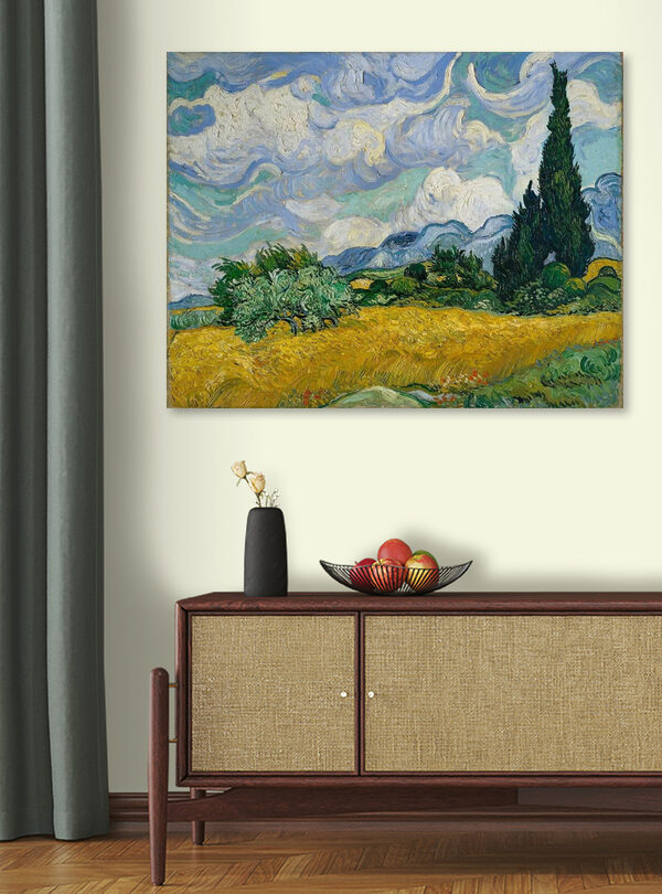 Een schilderij van een landschap met bomen en bergen Een schilderij van een landschap met bomen en bergen
