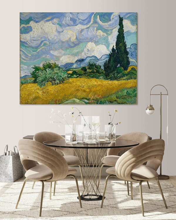 Een schilderij van een landschap met bomen en bergen Een schilderij van een landschap met bomen en bergen