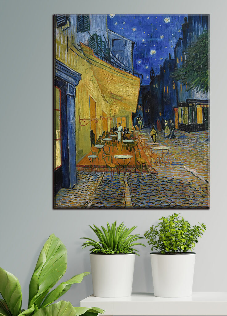A painting of a street with tables and chairs