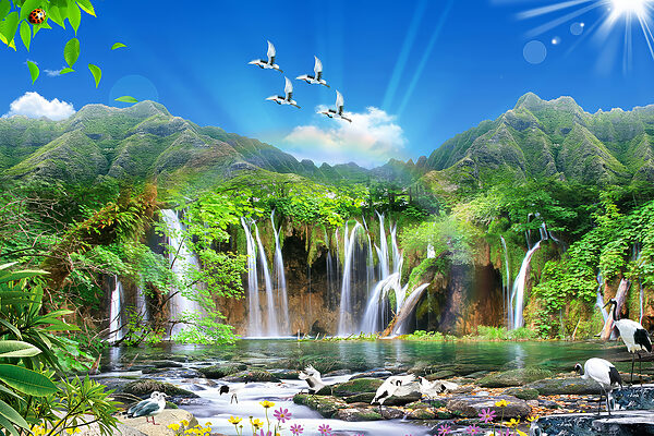 Een waterval met overvliegende vogels Een waterval met overvliegende vogels
