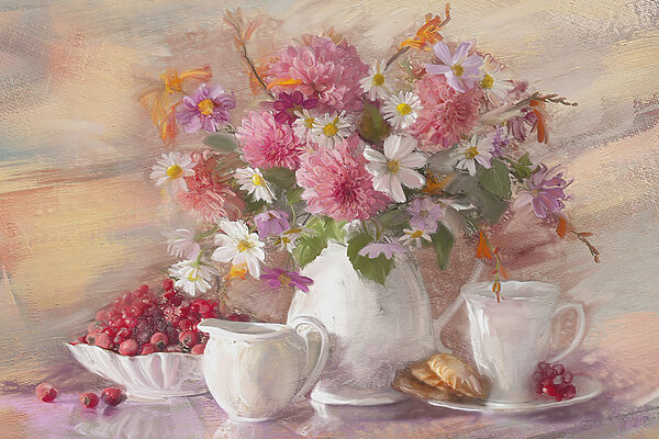 Een schilderij van bloemen in een vaas en een schaal met eten Een schilderij van bloemen in een vaas en een schaal met eten