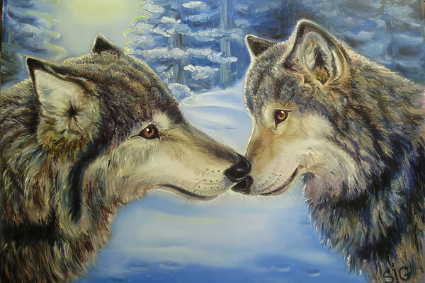 Een schilderij van twee kussende wolven Een schilderij van twee kussende wolven