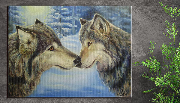 Een schilderij van twee kussende wolven Een schilderij van twee kussende wolven