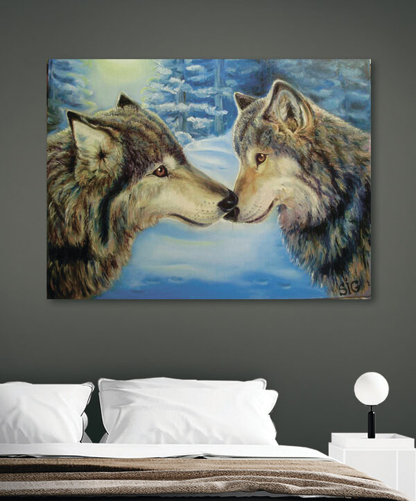 Een schilderij van twee kussende wolven Een schilderij van twee kussende wolven