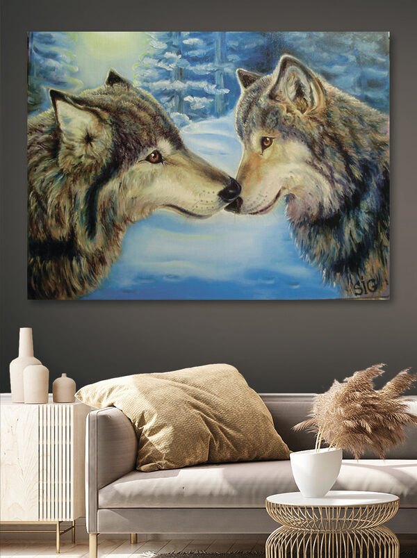 Een schilderij van twee kussende wolven Een schilderij van twee kussende wolven