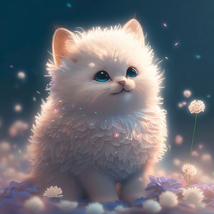 Een witte pluizige kat met blauwe ogen