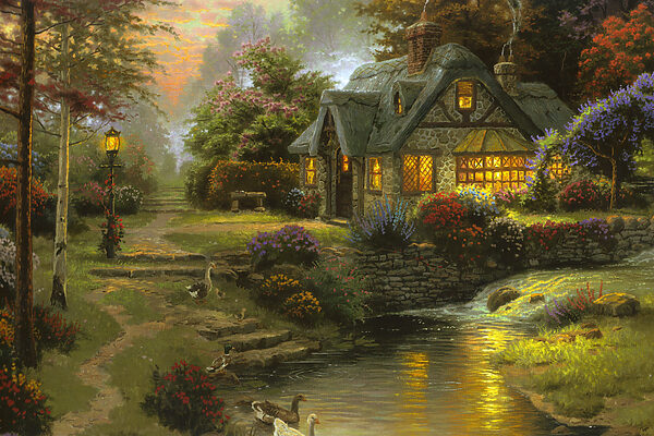 Een schilderij van een huisje bij een rivier Een schilderij van een huisje bij een rivier