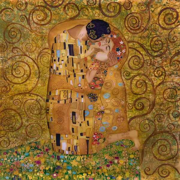 Een schilderij van een kussende man en vrouw Een schilderij van een kussende man en vrouw