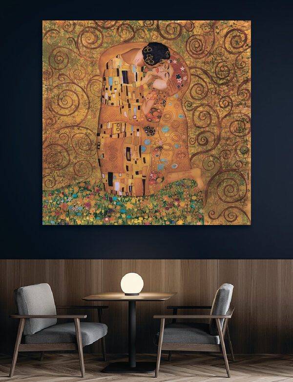 Een schilderij van een kussende man en vrouw Een schilderij van een kussende man en vrouw