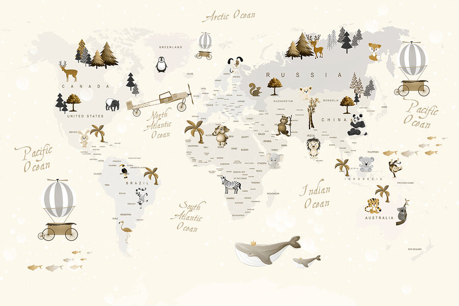 Een wereldkaart met dieren